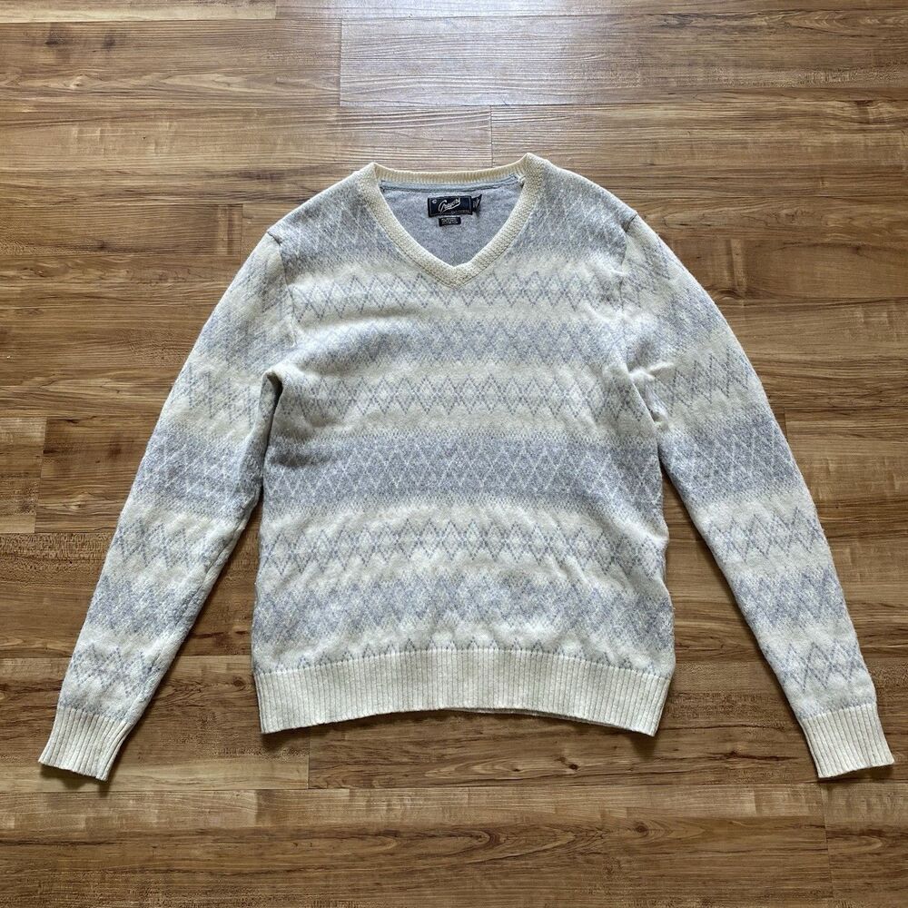 GRAYERS L Men Knit Sweater Lambswool Argyle Gray Cream Fair Isle Ski Nordic Warm